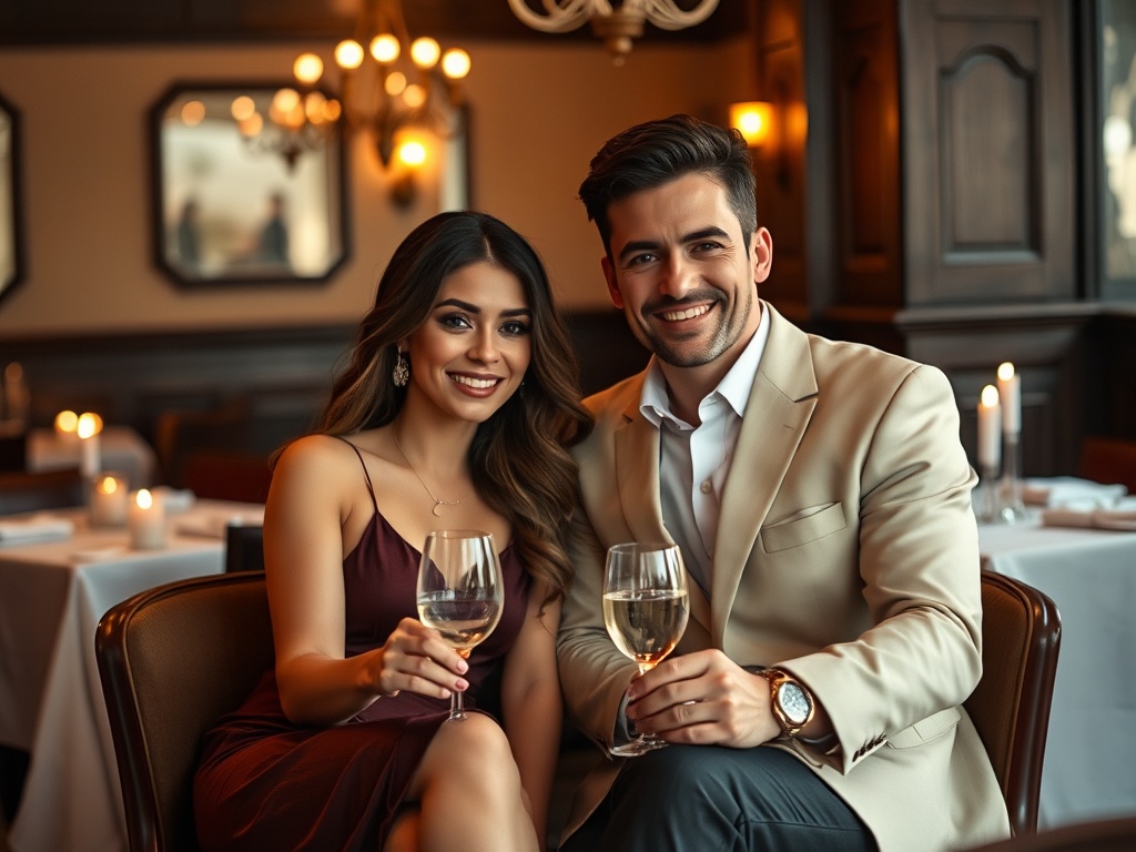 Un cuplu zâmbitor stă la o masă elegantă, ținând pahare cu băuturi într-un restaurant. Atmosferă romantică.