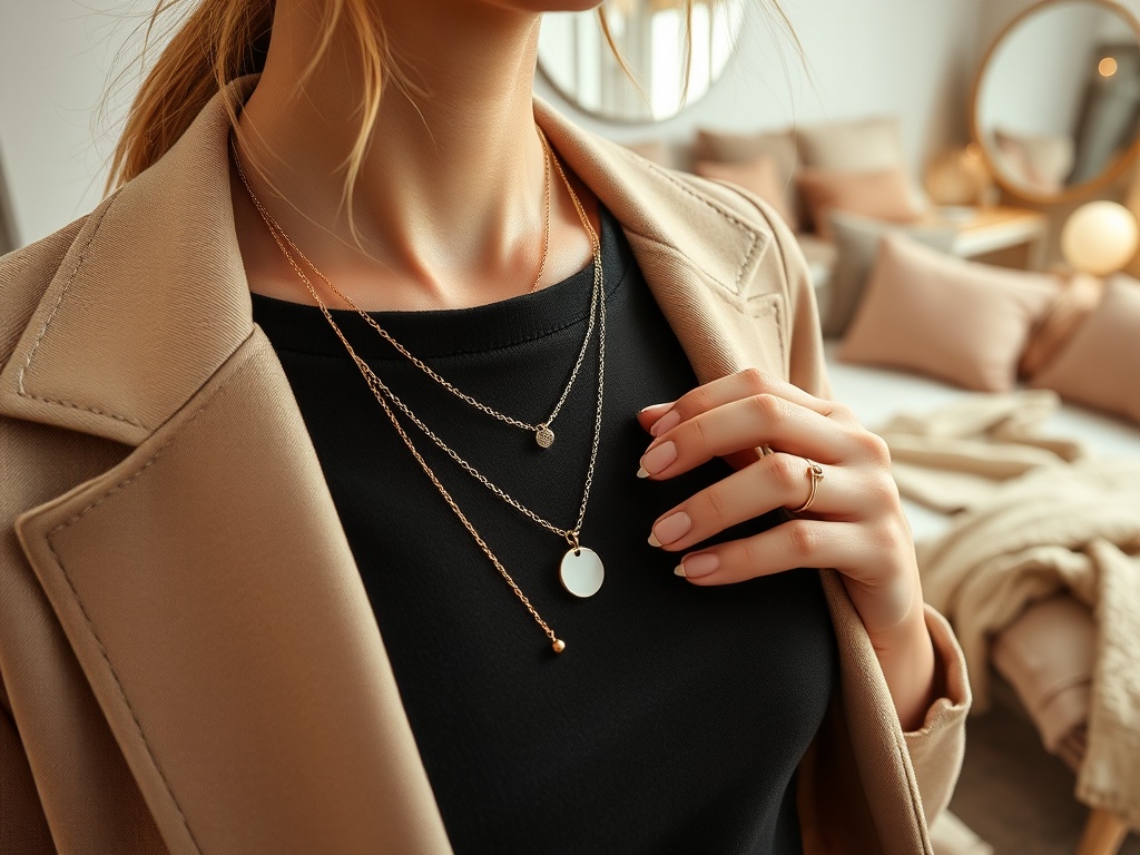 O femeie elegantă poartă coliere delicate și o bluză neagră, accesorizată cu un inel. Fundalul este în tonuri calde.