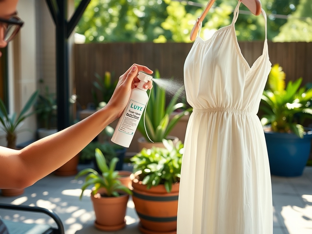 O persoană pulverizează un spray pe o rochie albă agățată, înconjurată de plante verzi.