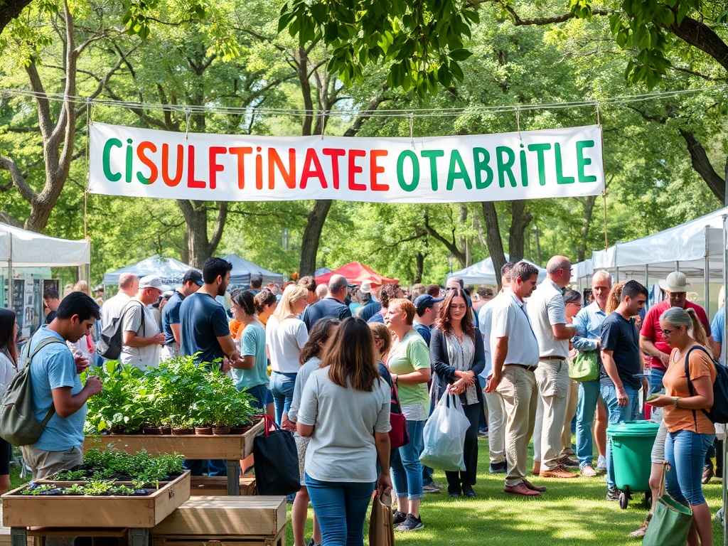 Oameni la un târg, cu un banner care anunță „CISULFTINATEE OTĂBRÎTLE” și tarabe cu plante.