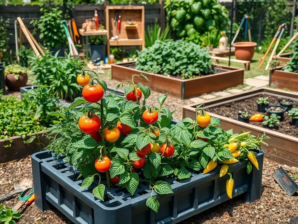 Grădină cu roșii și ardei pe un suport modular, în fundal ajutoare de grădină și plante verzi.