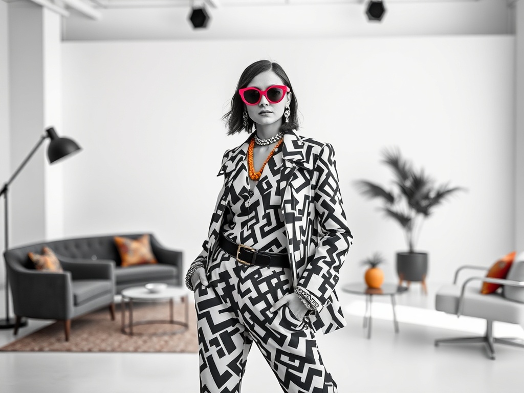 O femeie îmbrăcată într-un costum negru și alb, purtând ochelari de soare roz, pozează într-un interior modern.