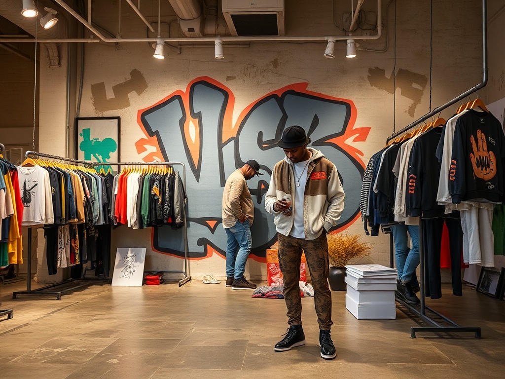 Un bărbat în haine trendy stă în magazin, înconjurat de haine atârnate pe umerașe, cu un zid graffitizat în fundal.
