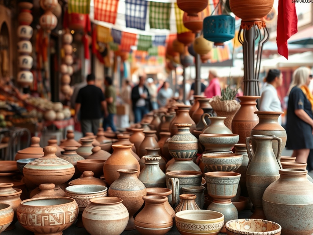 Multe vase de ceramică expuse într-o piață, cu fundal colorat și oamenii plimbându-se printre ele.